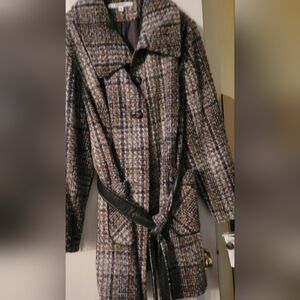 DKNY Multicolor Plaid Trench Coat with Brown Leather Belt